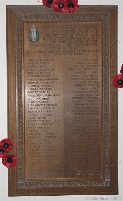 The World War II Memorial Plaque in Withernsea Church.