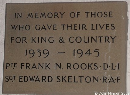 The World War II Memorial Plaque in All Saints Church, Wold Newton.