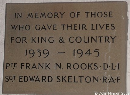 The World War II Memorial plaque in All Saints Church, Wold Newton.