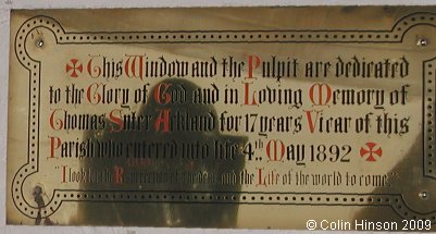 The Memorial plaque to Thomas Suter Arkland in All Saints Church, Wold Newton.