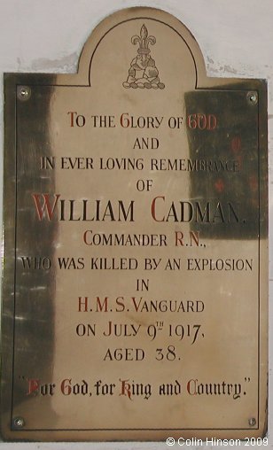 The Memorial plaque to William Cadman RN in All Saints Church, Wold Newton.