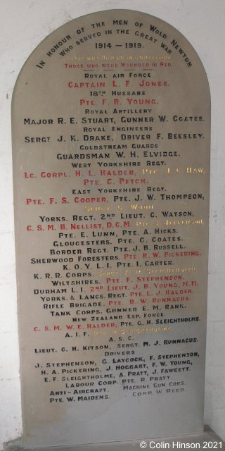 The War Memorial plaque in Wold Newton Church.