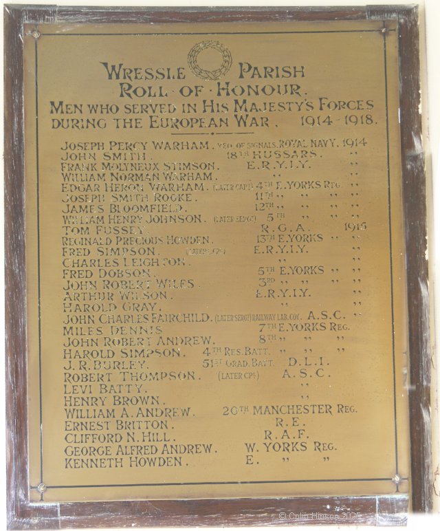 The WWI Roll of Honour in St. John's Church, Wressle.