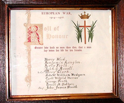 The 1914-1918 Memorial Plaque in St. Helen's Church, Ainderby Steeple.