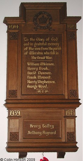 The World War I and II Memorial plaque in St. John's Church, Allerston.