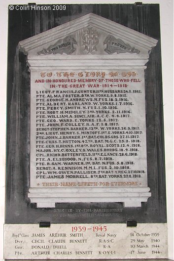 The World War I and II Memorial plaque in St. Mary's Church, Alne.