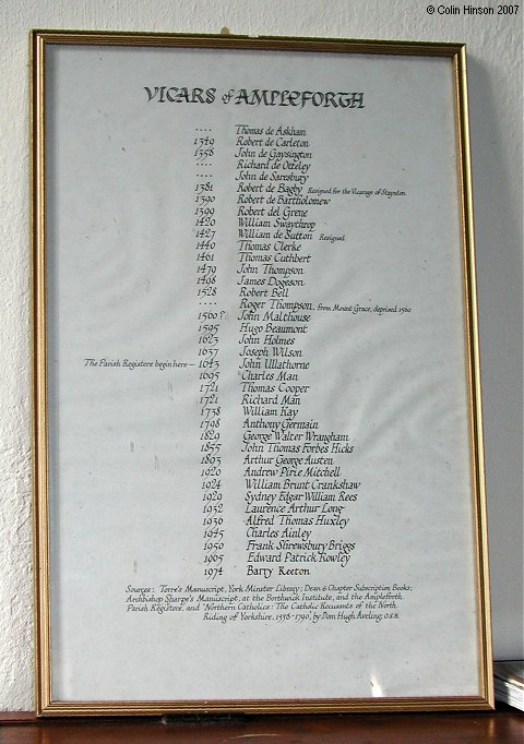 The List of Vicars in St. Hilda's Church, Ampleforth.