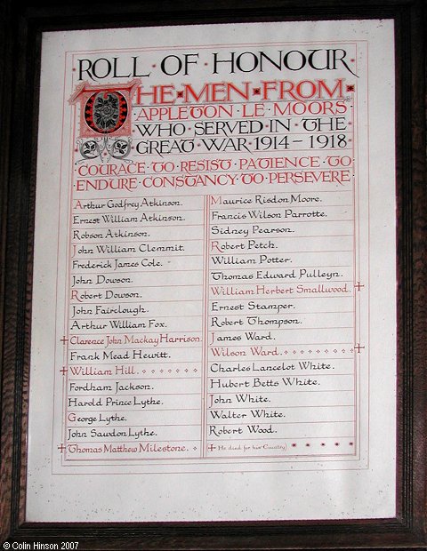 The Roll of Honour in Christ Church, Appleton le Moors.