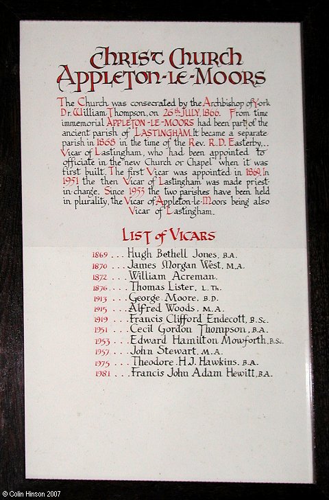 The List of Vicars in Christ Church, Appleton le Moors.
