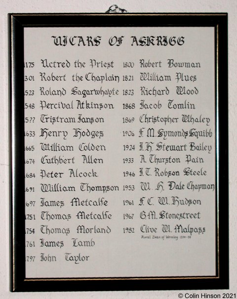 The list of the Vicars of Askrigg in St. Oswald's Church, Askrigg.