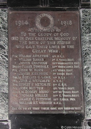 The World War I Memorial plaque in St. Oswald's Church, Askrigg.