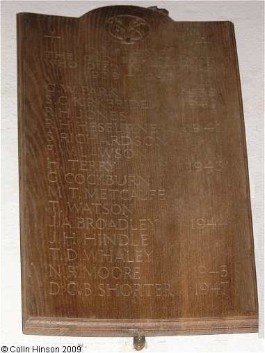 The World War I Memorial plaque in St. Oswald's Church, Askrigg.