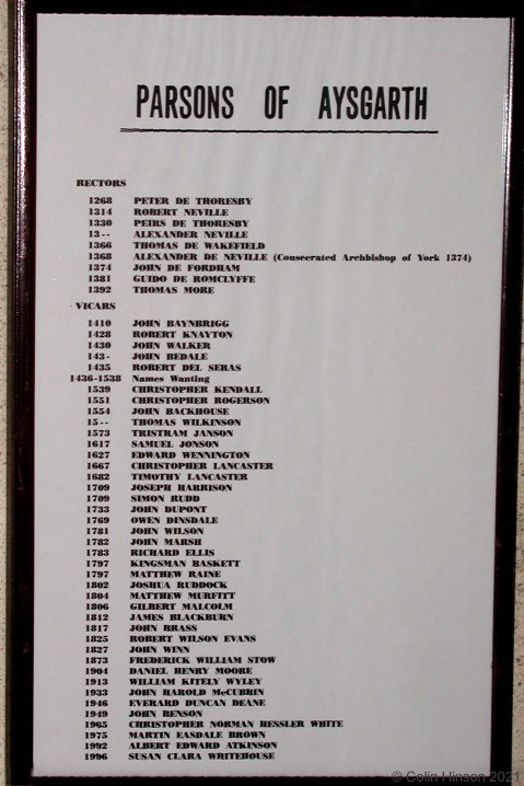 The list of the Parsons of Aysgarth in St. Andrew's Church, Aysgarth.