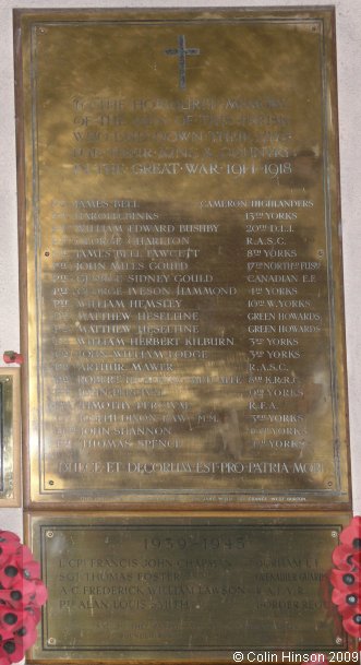 The World War I Memorial Plaque in St. Oswald's Church, Askrigg.