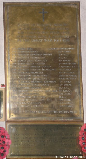 The World War I Memorial plaque in St. Andrew's Church, Aysgarth.