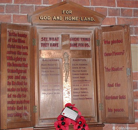 The World War I and II Memorial plaque in St. James's Church, Baldersby.