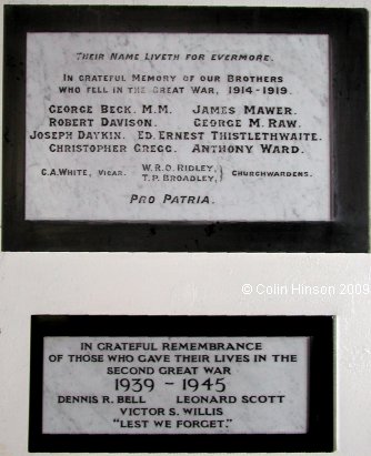 The World War I & II Memorial plaques in St. John's Church, Bellerby.