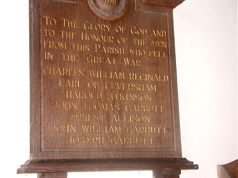 The World War I memorial plaque in the church at Fangdale.
