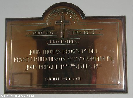 The World War I Memorial plaque in Holy Trinity Church, Boltby.