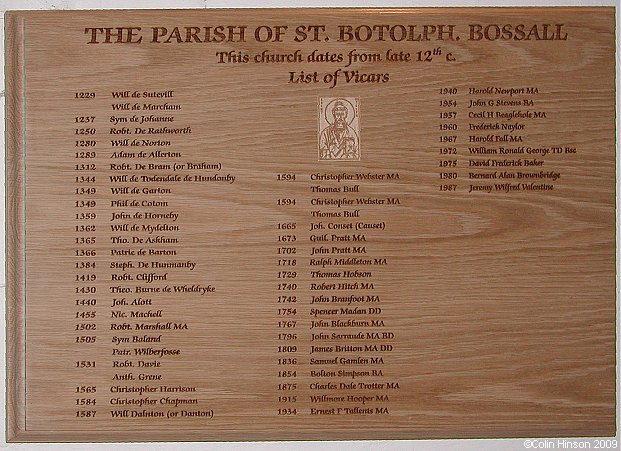 The List of Incumbents in St. Botolph's Church, Bossall.