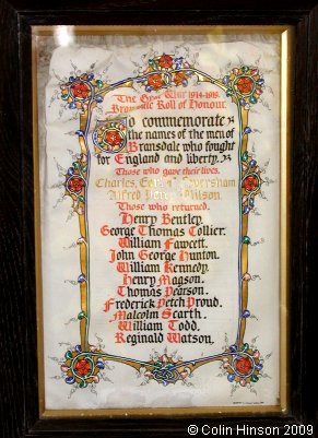 The World War I Roll of Honour in St. Nicholas's Church, Bransdale.