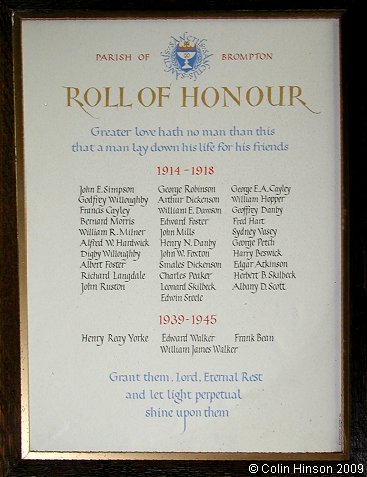 The World War I and II Memorial plaque in All Saints Church, Brompton by Sawdon.