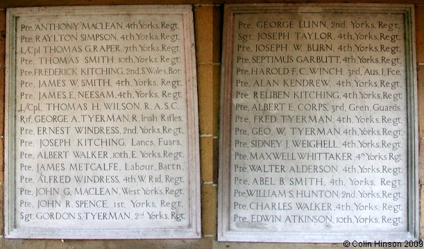 The World War I Memorial plaques on opposite sides of St. Thomas's Church porch, Brompton.