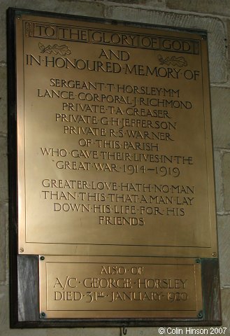 The War Memorial plaque in St. John's Church, Buttercrambe.