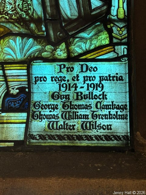 Photograph of the War Memorial inscription in the window of St. Lawrence's Church, Carlton Miniott.