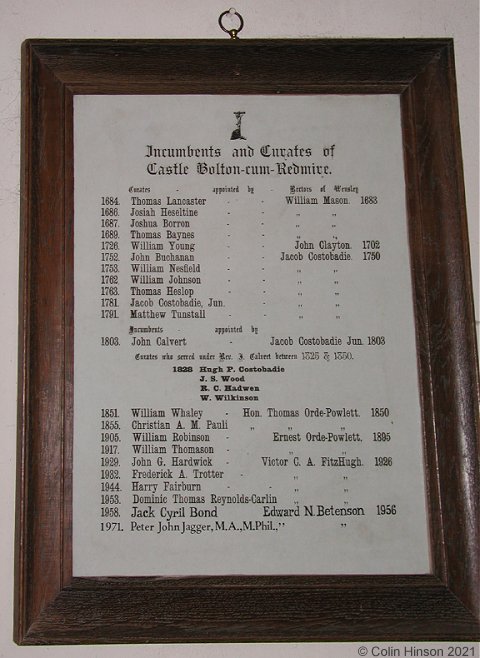 The list of the Incumbents of Castle Bolton in St. Oswald's Church.