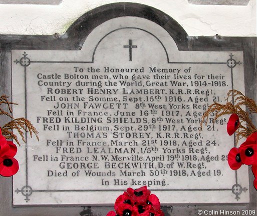 The World War I Memorial plaque in St. Oswald's Church, Castle Bolton.
