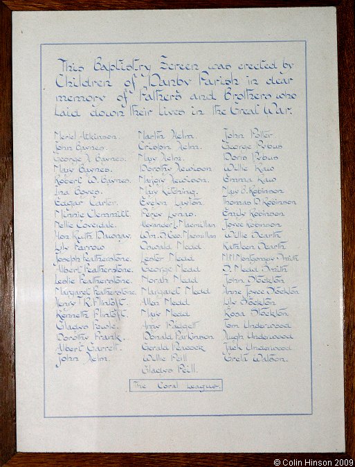 The World War I Memorial plaque in St. Michael's Church, Castleton.