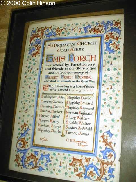 The 1914-1918 Memorial Plaque in Cold Kirby Church porch.