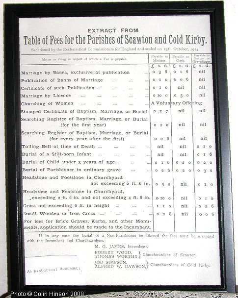 The table of Fees in St. Michael's Church, Cold Kirby.
