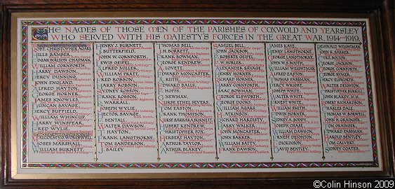 The World War I Memorial plaque in St. Michael's Church, Coxwold.
