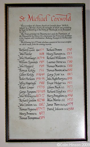 The List of Vicars in St. Michael's Church, Coxwold.