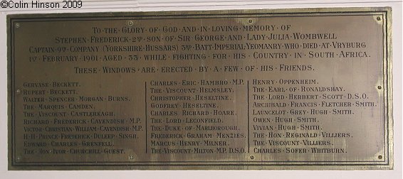 The Wombwell Memorial Plaque in St. Michael's Church, Coxwold.