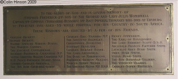 The Wombwell Memorial plaque in St. Michael's Church, Coxwold.