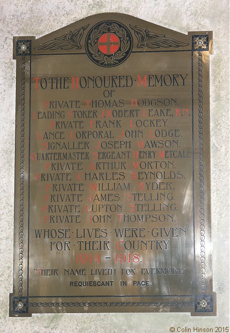 The World War I memorial plaque in St. Gregory's Church, Great Crakehall.