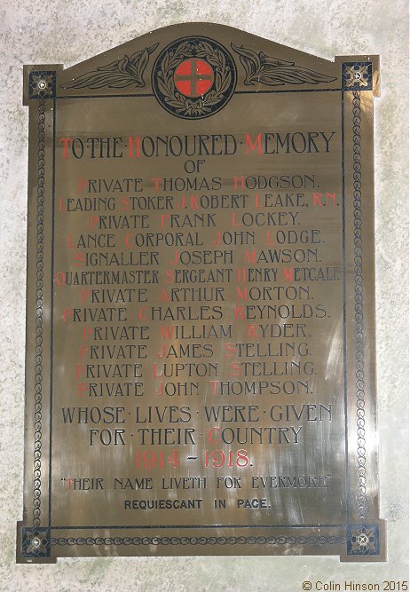 The World War I Memorial plaque in St. Gregory's Church, Great Crakehall.