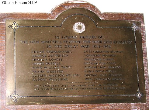 The World War I Memorial plaque in St. Michael's Church, Downholme.