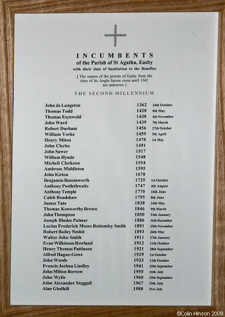 The List of Incumbents (2nd Millenium) in St. Agatha's Church, Easby.