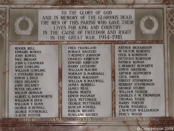 The World War I Memorial plaque in St. John's Church, Easingwold.