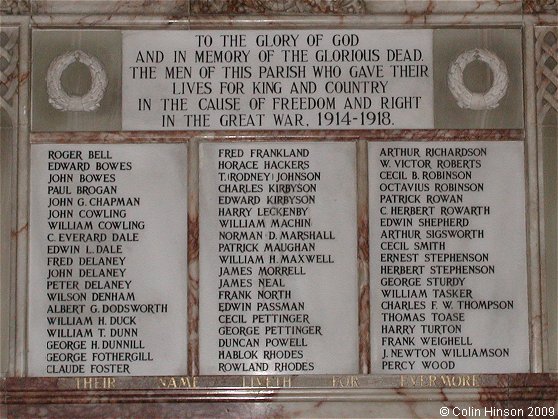 The World War I Memorial Plaque in St. John's Church, Easingwold.