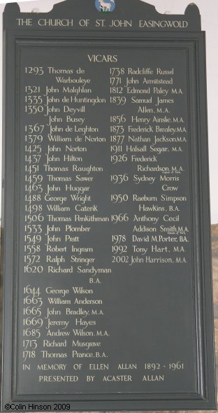The List of Vicars in St. John's Church, Easingwold.
