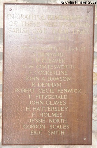 The World War II Memorial plaque in St. John's Church, Easingwold.
