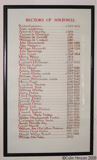 The List of Rectors in St. Oswald's Church, East Hauxwell.