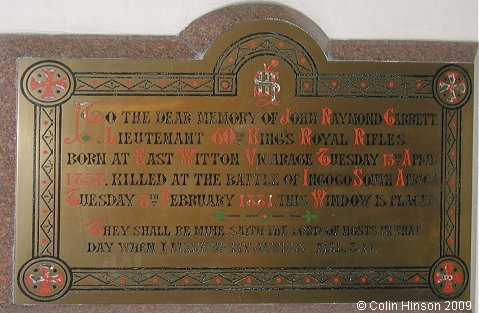 The South African Memorial plaque in St. John's Church, East Witton.