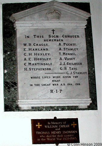 The World War I and II Memorial plaques in St. Mary's Church, Ebberston.