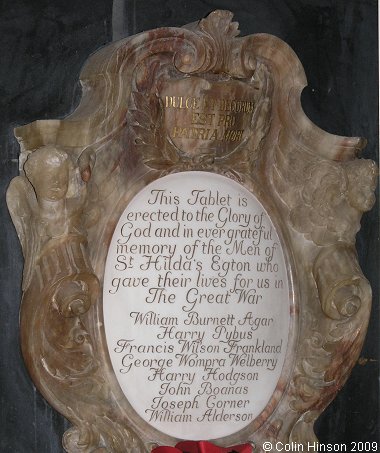 The World War I Memorial plaque in St. Hilda's Church, Egton.